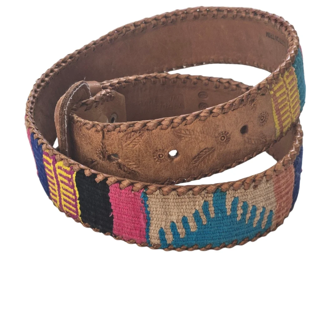 Vintage Guatemalan Handmade Leather & Woven Textile Belt Tan Multicolor Size 30